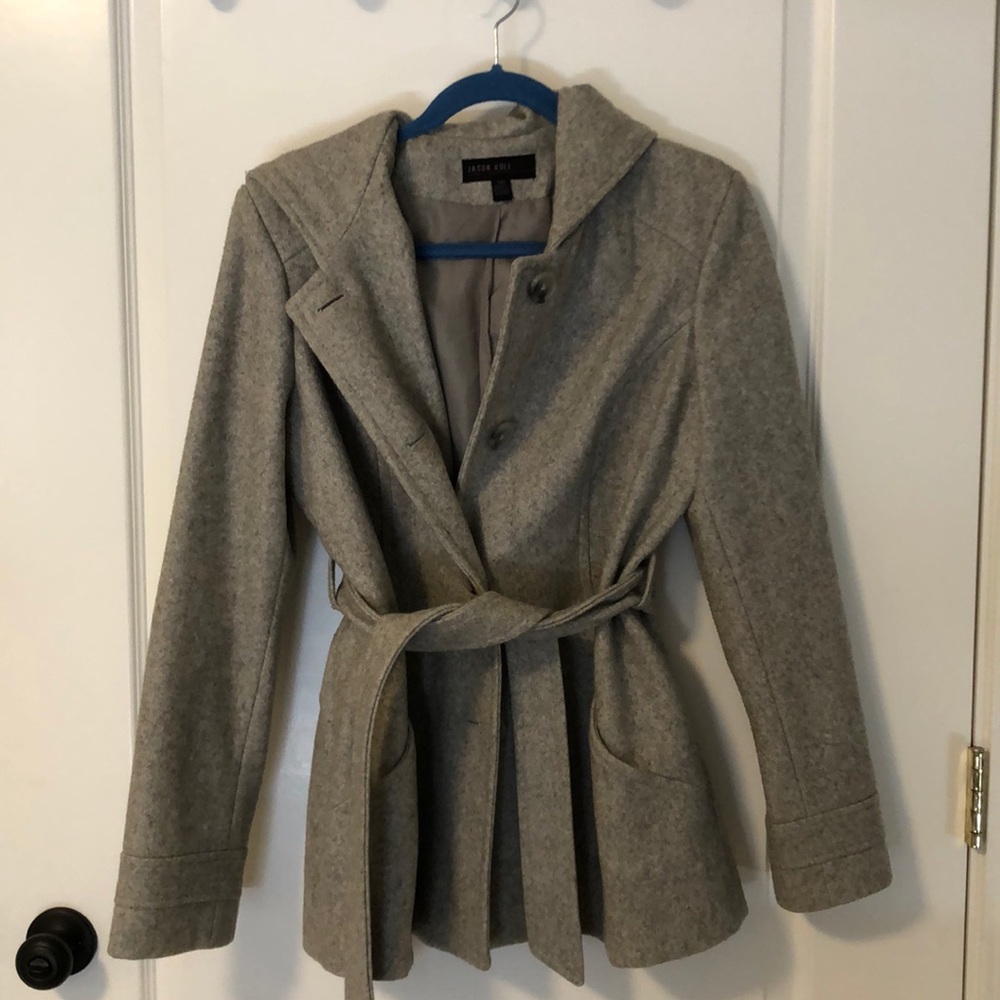 Gray Hooded and Belted Wool Coat Jacket